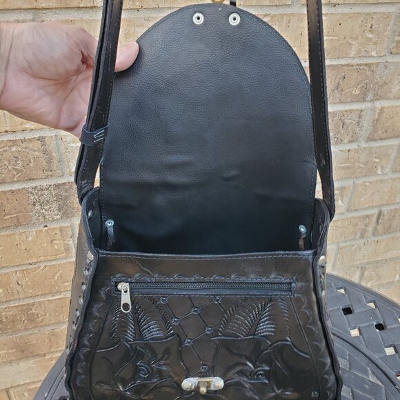 Mexican Hand Tooled Black Leather Bag - Picture 8 of 13